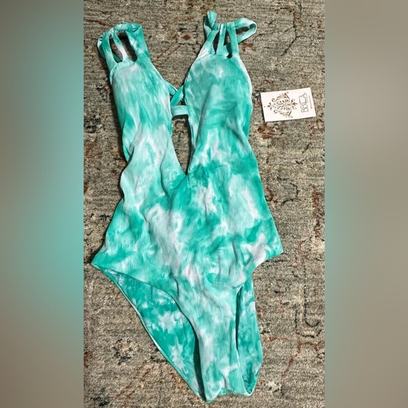 ‼️RARE‼️🎸BECCA🎸🔥NWT🔥Crystal Ribbed Tie Dye One-Piece Swimsuit in Green— Size M - Picture 6 of 15